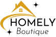 Logo of Homely Boutique with a stylized house and 'Homely' text on a white background